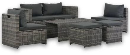 vidaXL Loungeset met kussens 6-delig poly rattan grijs