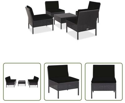 vidaXL Loungeset - Modulair - PE-rattan - Gepoedercoat stalen frame - Zwart/katoen - 5-delig