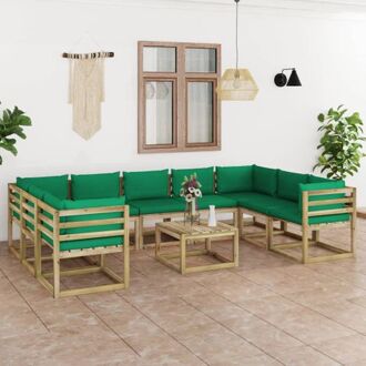 vidaXL Loungeset Pallet - 4 hoekbanken - 5 middenbanken - 1 tafel - 64x64x70 cm - Groen kussen - Grenenhout