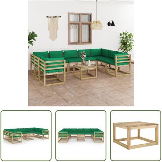 vidaXL Loungeset Pallet - 4 hoekbanken - 5 middenbanken - 1 tafel - 64x64x70 cm - Groen kussen - Grenenhout