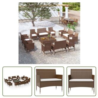 vidaXL Loungeset Poly Rattan - 2-zitsbanken - armstoelen - tafel en kussens - Bruin en crèmewit - Montage