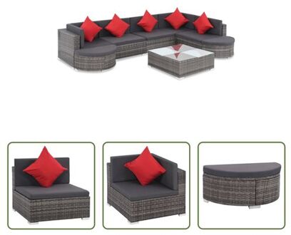 vidaXL Loungeset Poly Rattan Grijs - 2 Hoekbanken 3 Middenbanken - Salontafel - 2 Halfronde Krukken - Rode