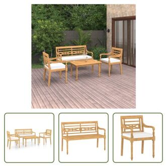 vidaXL Loungeset - Teakhout - 4-delig - Wit kussen - 90x50x45 cm - 55x51.5x84 cm - 120x51.5x84 cm