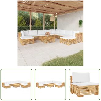 vidaXL Loungeset Teakhout - Tuinmeubelen - Crèmewit kussen - Middenbank- 69.5x69.5x60cm - Hoekbank- Bruin