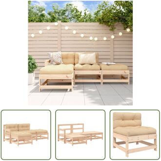 vidaXL Loungeset Tuin - Hout - Grenenhout - Modulair - 110 kg draagvermogen - Beige kussens - 5-delig Bruin