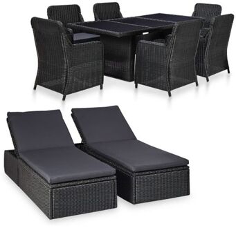 vidaXL Luxury Poly Rattan Tuinset - Zwart en Donkergrijs - 200x100x74 cm - Inclusief 6 stoelen - 2 ligbedden