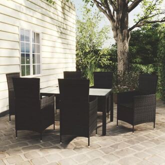 vidaXL Outdoor Dining Set - Zwart Poly Rattan - 150 x 90 x 75 cm - 6 Stoelen - Inclusief Kussens