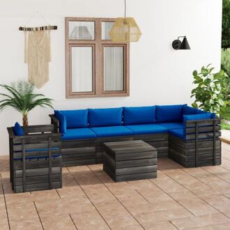 vidaXL Pallet Garden Lounge Set - Grenenhout - Blauwe kussens - Modulair