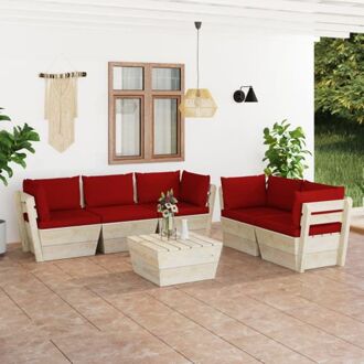 vidaXL Pallet Lounge Set - 6-delig - Geïmpregneerd vurenhout - Wijnrode kussens - 60x60x65cm - Montage Rood
