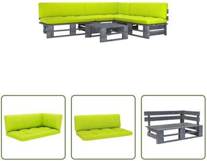 vidaXL Pallet Lounge Set - Grenenhout - Helder groene kussens - Tafel- 60x60x25cm - Midden/hoekbank- Grijs