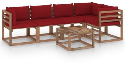 vidaXL Pallet Loungeset - Bruin geïmpregneerd hout - Modulair - 64x64x70 cm - Wijnrode kussens Rood