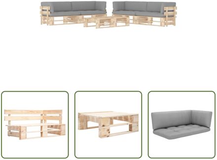 vidaXL Pallet Loungeset - Grenenhout - 110x65x55 cm - Grijs kussen