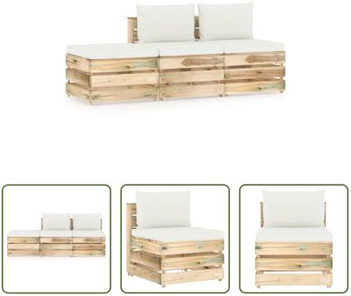 vidaXL Pallet Loungeset - Grenenhout - 2 x Middenbank - 1 x Tafel/Voetenbank - 3 x Zitkussen - 2 x Rugkussen Crème