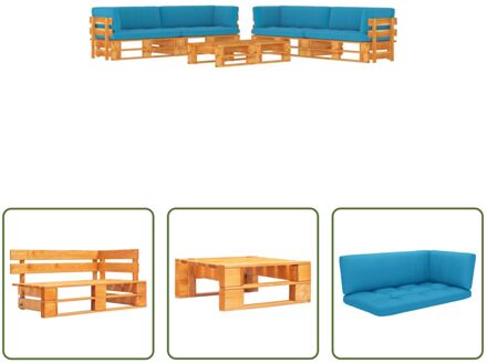 vidaXL Pallet Loungeset - Houten - 4-delig - Blauwe kussens - 110x65x55 cm Bruin