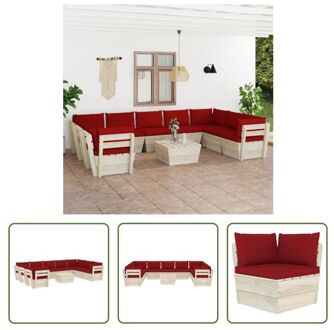 vidaXL Pallet Loungeset - Tuinmeubelset - 10-delig - Hout - 60 x 60 x 65 cm - Wijnrode kussens Rood