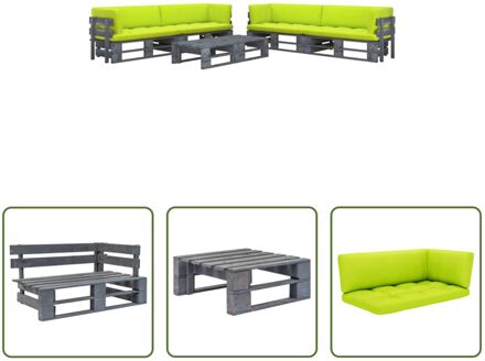 vidaXL Pallet Loungeset - Tuinmeubelset - Grenenhout - Helder groen kussen - 60x60x25 cm - 110x65x55 cm - Grijs