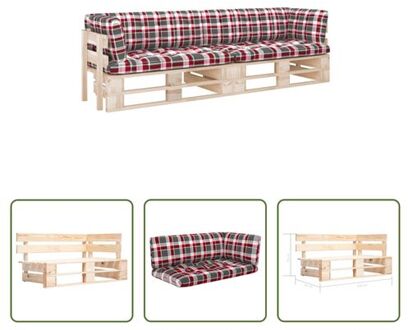 vidaXL Pallet tuinbank - 110 x 65 x 55 cm - Grenenhout - Rood geruit kussen Bruin