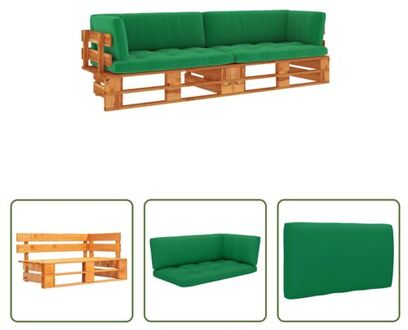 vidaXL Palletbank - 110 x 65 x 55 cm - Grenenhout - Groen kussen Bruin