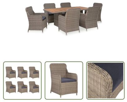 vidaXL Poly Rattan Eetset - Bruin en Donkergrijs - 200 x 100 x 74 cm - 6 x Armstoel - PE Rattan - Acaciahout