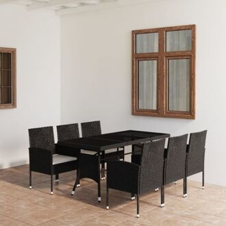 vidaXL Poly Rattan Tuinset - 170x80x74 cm - Zwart - Glas tafelblad - 6 stoelen - Crèmewit kussen