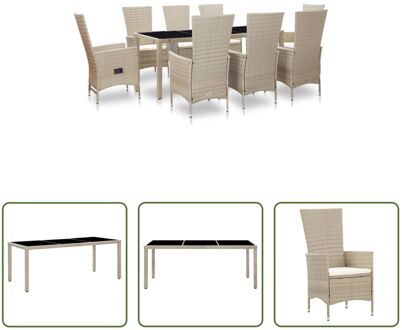 vidaXL Poly Rattan Tuinset - Eethoek - Beige - 190x90x75 cm - Inclusief 8 Stoelen (2 Verstelbaar) - Inclusief