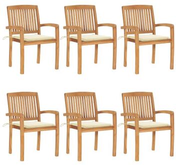 vidaXL Stapelbare houten tuinstoelen - 60 x 57.5 x 90 cm - Weerbestendig - 6 stoelen met kussens Crème