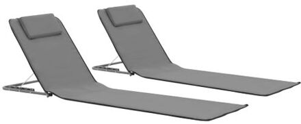 vidaXL Strandstoelenset - Inklapbaar - Grijs - 160x53x47 cm - Met hoofdsteun en opbergvak