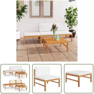 vidaXL Teakhouten Tuinset - Middenbank - Tafel - Voetenbank - 63x66x60 cm - crème kussen