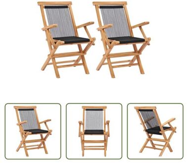 vidaXL Teakhouten Tuinstoel - Inklapbaar - Polyester Touw - 56x62x90 cm - Zwart - Set van 2