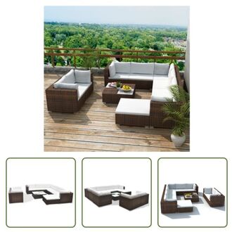 vidaXL The Living Store-10-delige-Loungeset-met-kussens-poly-rattan-bruin - Tuinset