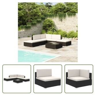 vidaXL The Living Store-6-delige-Loungeset-met-kussens-poly-rattan-zwart - Tuinset