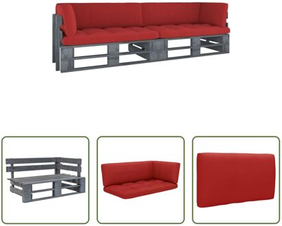 vidaXL Tuinbank - Houten pallet - Grenenhout - 110 x 65 x 55 cm - Rood kussen Grijs