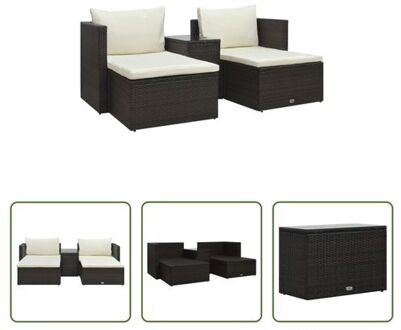 vidaXL Tuinloungeset - Bruin - Poly rattan - Gepoedercoat staal - Hoekbank en Kruk - Incl - Kussens