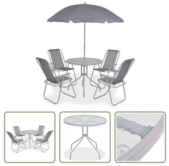 vidaXL Tuinmeubelset - 6-delige set - Grijs - Gepoedercoat staal - Gehard glas - Textileen - Parasol - 80x70