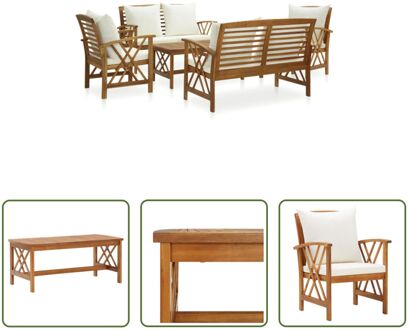 vidaXL Tuinmeubelset - Acaciahout - Vintage uitstraling - 2 stoelen - 2 banken - tafel - 6 kussens Wit