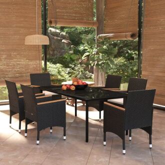 vidaXL Tuinmeubelset - PE-rattan - Gepoedercoat staal - Glazen tafelblad - Zwart - 200x94x74 cm - 6 stoelen