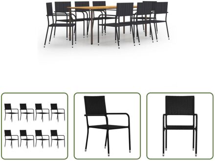 vidaXL Tuinset Acacia - Tafel 200x100x72 cm + 8 Stoelen 51x60x87 cm - Staal en PE-rattan Zwart