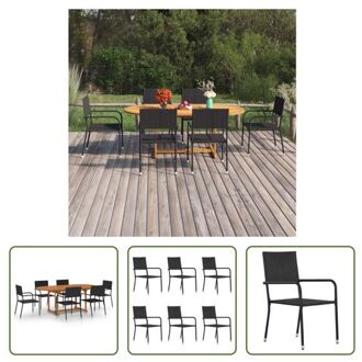 vidaXL Tuinset Acaciahout - Eettafel (150-200x100x74 cm) - 6 Stoelen (51x60x87 cm) - Zwart Rattan