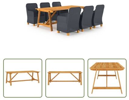 vidaXL Tuinset - Acaciahout - PE-rattan - Donkergrijs - Zwart - 206x100x74 cm - Set van 1 tafel - 6 stoelen