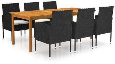 vidaXL Tuinset Acaciahout - zwart - crèmewit kussen - 200 x 90 x 74 cm - 6 stoelen