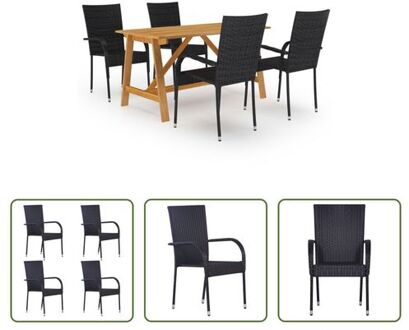 vidaXL Tuinset - Acaciahouten eettafel 140 x 70 x 73.5 cm - Zwarte rattan eetstoelen 55.5 x 53.5 x 95 cm