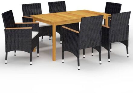 vidaXL Tuinset - Acaciahouten eettafel (150x90x74cm) + 6 zwarte stoelen met crèmewitte kussens