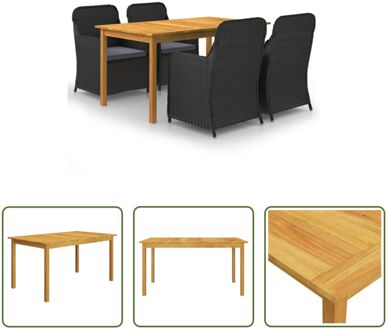 vidaXL Tuinset - Acaciahouten eettafel - PE-rattan eetstoelen - 150 x 90 x 74 cm Zwart