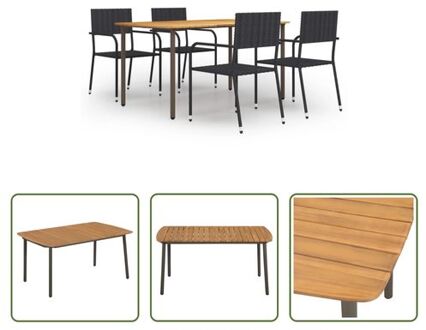 vidaXL Tuinset - Acaciahouten eettafel - PE-rattan eetstoelen - 150x90x72 cm - Zwart