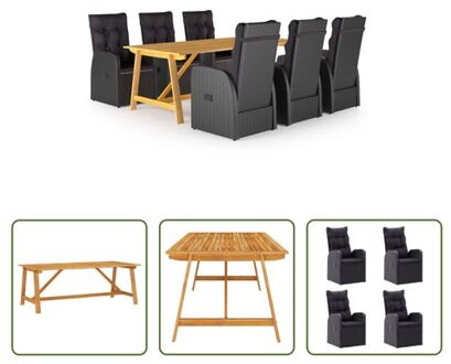 vidaXL Tuinset - Acaciahouten eettafel - PE-rattan eetstoelen - Verstelbare rugleuning - Zwart - 206 x 100 x