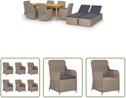 vidaXL Tuinset - Acaciahouten eettafel - PE-rattan stoelen en ligbedden - 200x90x74 cm - Bruin - Donkergrijs