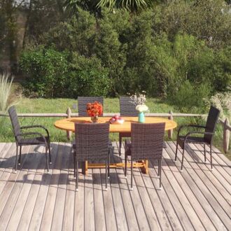 vidaXL Tuinset - Acaciahouten tafel (150-200x100x74 cm) met zwarte PE-rattan stoelen - 6 stoelen