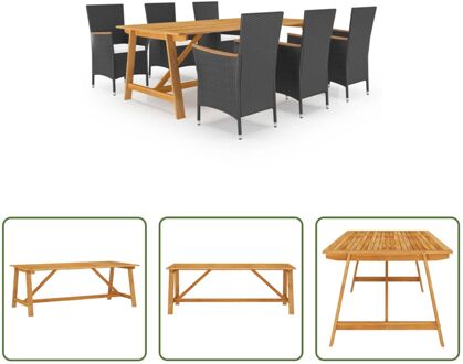 vidaXL Tuinset - Acaciahouten Tafel 206x100x74 cm - Zwart Rattan Stoel 52x57x84 cm - Crèmewitte Kussens