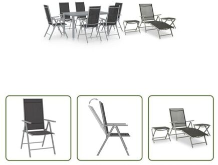 vidaXL Tuinset - Aluminium - Zwart/Zilver/Lichtgrijs - 6 stoelen - 1 ligstoel - 2 voetensteunen/tafels - 1