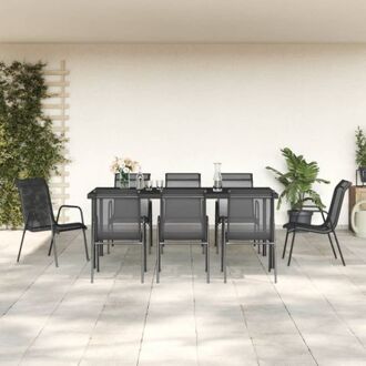 vidaXL Tuinset - Antraciet - Staal/Glas - 190x90x74cm - Zwarte stoelen